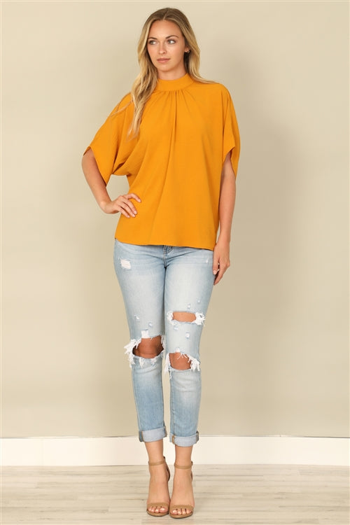 YMT20083V-AIRFLOW SOLID BACK RIBBON DOMAN SLEEVE HIGH NECK WOVEN TOP 1-2-2-1