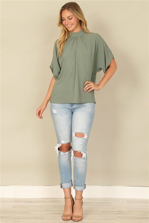 YMT20083V-AIRFLOW SOLID BACK RIBBON DOMAN SLEEVE HIGH NECK WOVEN TOP 1-2-2-1