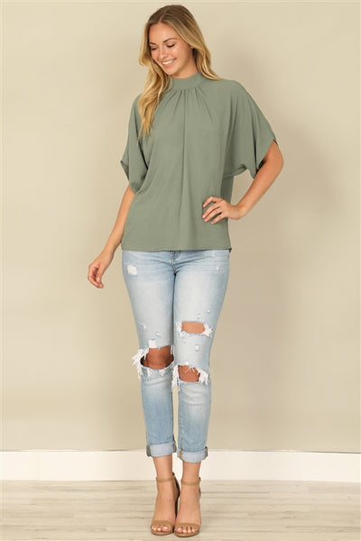 YMT20083V-AIRFLOW SOLID BACK RIBBON DOMAN SLEEVE HIGH NECK WOVEN TOP 1-2-2-1