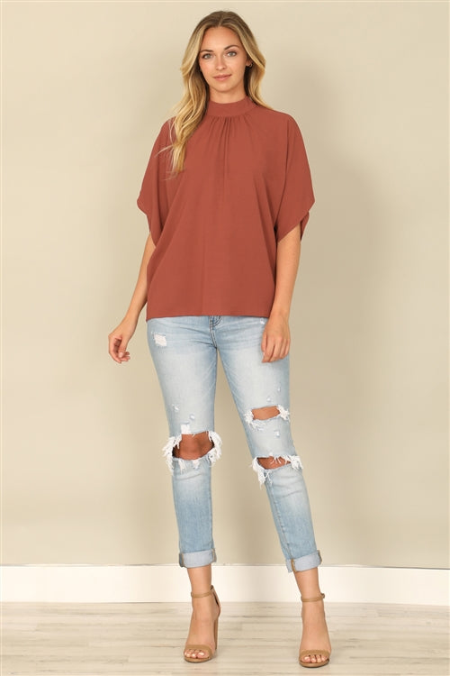 YMT20083V-AIRFLOW SOLID BACK RIBBON DOMAN SLEEVE HIGH NECK WOVEN TOP 1-2-2-1