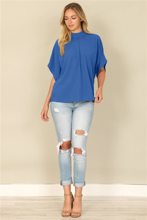 YMT20083V-AIRFLOW SOLID BACK RIBBON DOMAN SLEEVE HIGH NECK WOVEN TOP 1-2-2-1