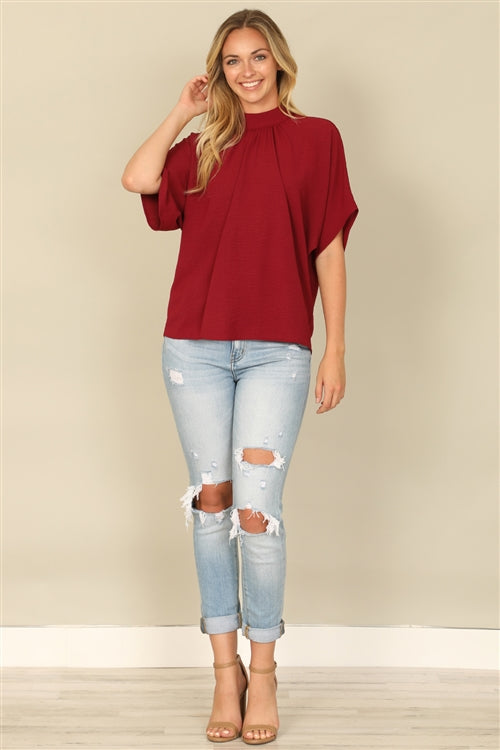 YMT20083V-AIRFLOW SOLID BACK RIBBON DOMAN SLEEVE HIGH NECK WOVEN TOP 1-2-2-1