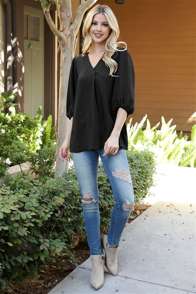 YMT20085V-V-NECK BAND ELASTIC TUNNEL SLEEVE WOVEN TOP 1-2-2-1