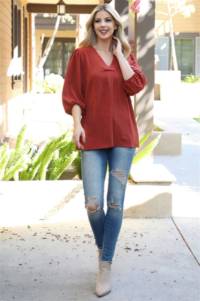 YMT20085XV-PLUS SIZE V-NECK BAND ELASTIC TUNNEL SLEEVE WOVEN TOP 3-2-1