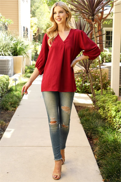 YMT20085XV-PLUS SIZE V-NECK BAND ELASTIC TUNNEL SLEEVE WOVEN TOP 3-2-1