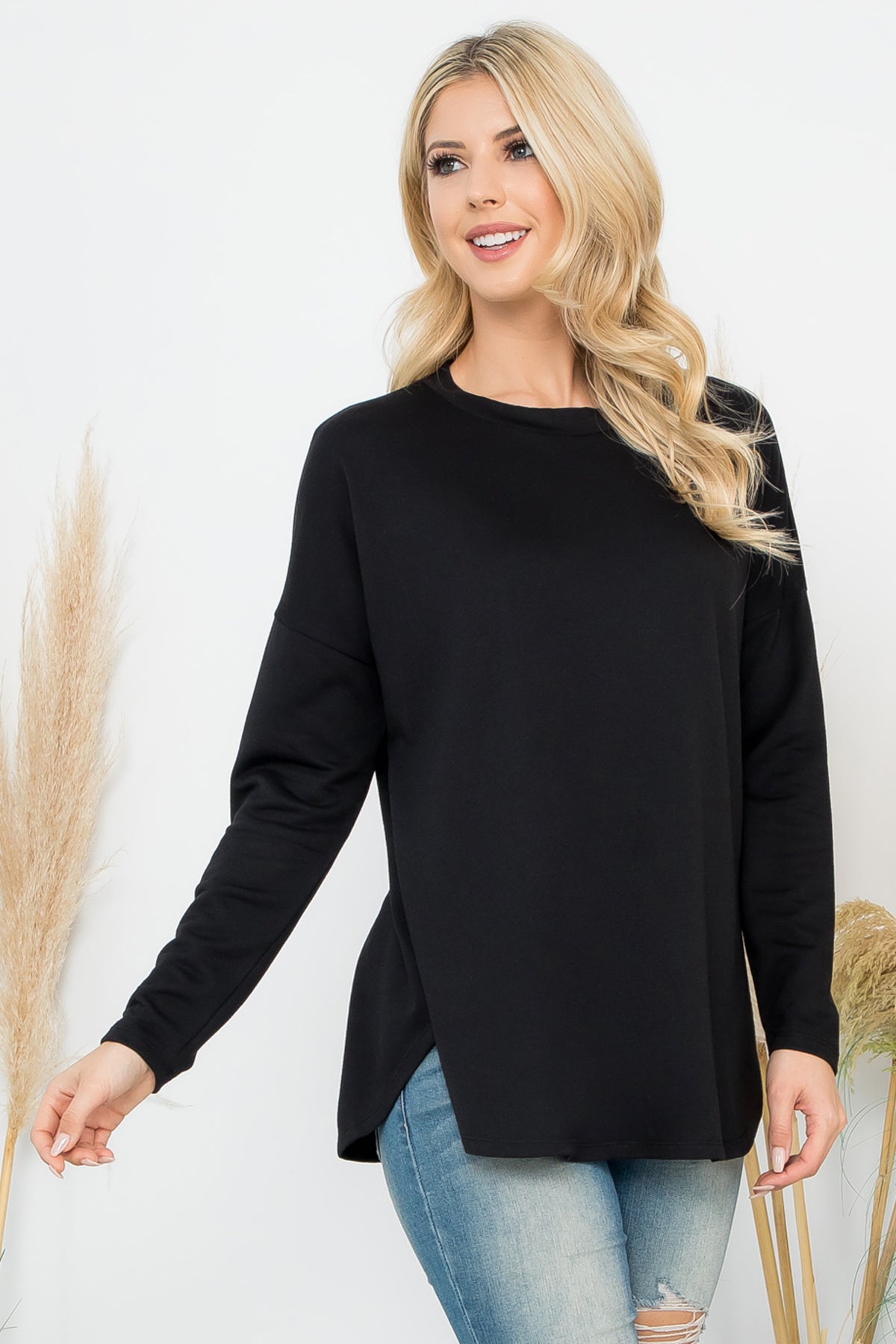 LONG SLEEVE FRENCH TERRY ROUNDED HEM TOP 1-1-1-1