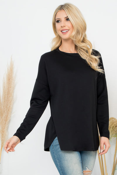 LONG SLEEVE FRENCH TERRY ROUNDED HEM TOP 1-1-1-1
