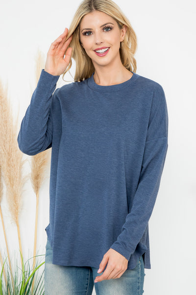 LONG SLEEVE FRENCH TERRY ROUNDED HEM TOP 1-1-1-1
