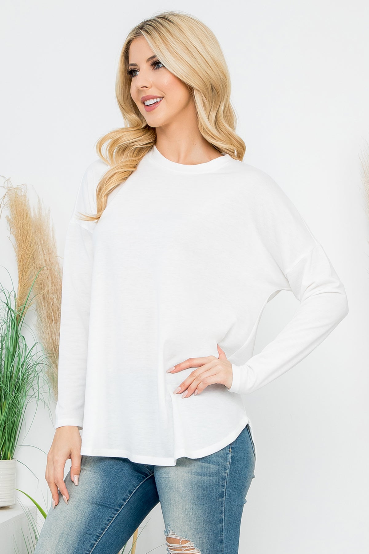 LONG SLEEVE FRENCH TERRY ROUNDED HEM TOP 1-1-1-1