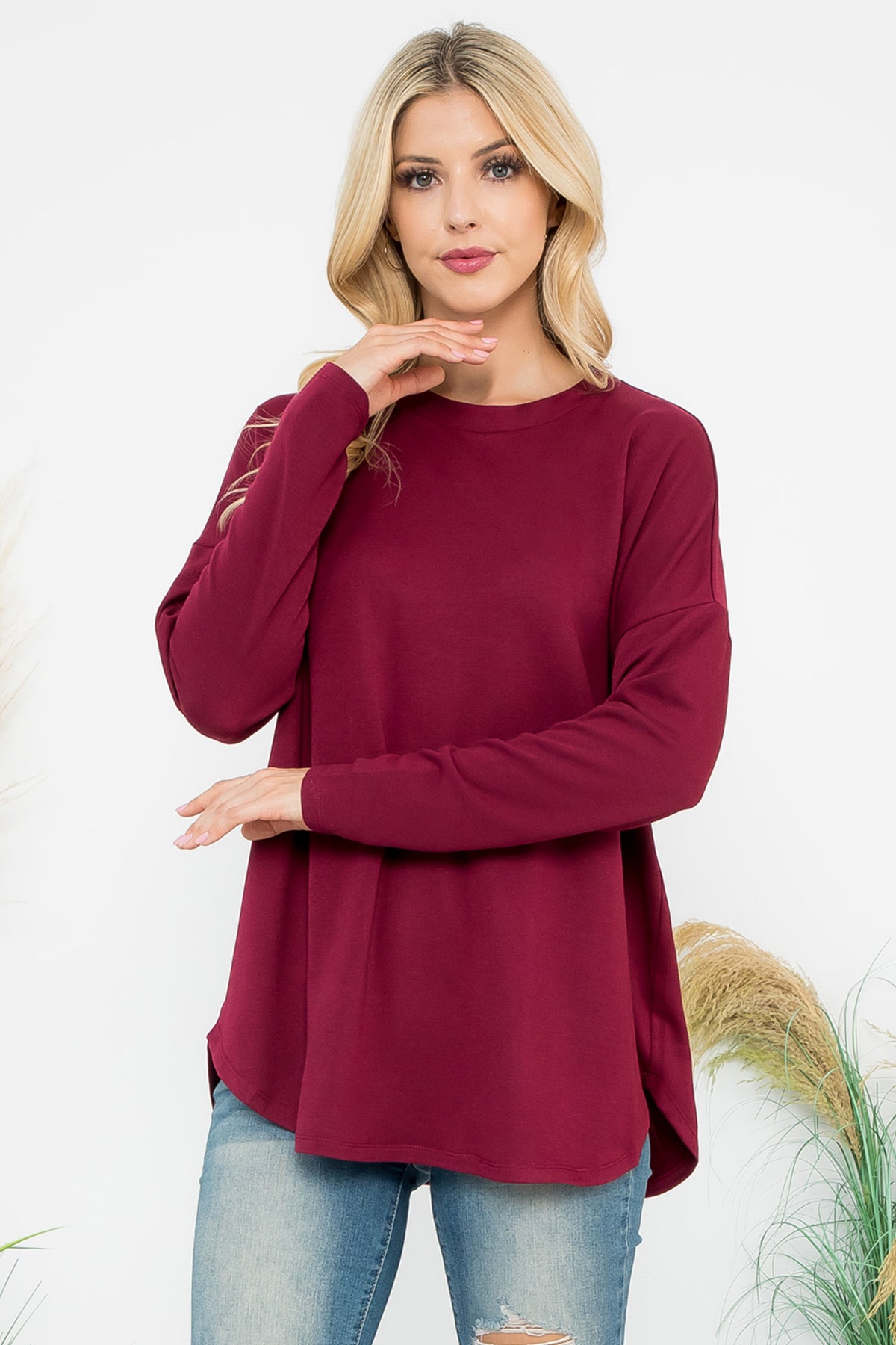 LONG SLEEVE FRENCH TERRY ROUNDED HEM TOP 1-1-1-1