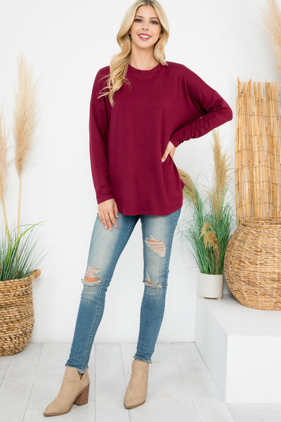 LONG SLEEVE FRENCH TERRY ROUNDED HEM TOP 1-1-1-1