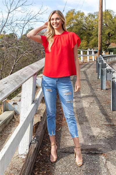 YMT20121V-FOLD FRILL NECKLINE BUTTERFLY SLEEVE SOLID TOP 1-2-2-1