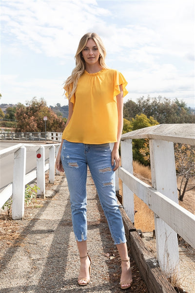 YMT20121V-FOLD FRILL NECKLINE BUTTERFLY SLEEVE SOLID TOP 1-2-2-1