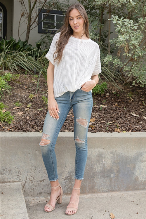 YMT20153V-DOLMAN SHORT SLEEVE TWISTED HEM WAFFLE KNIT SOLID TOP 1-2-2-1