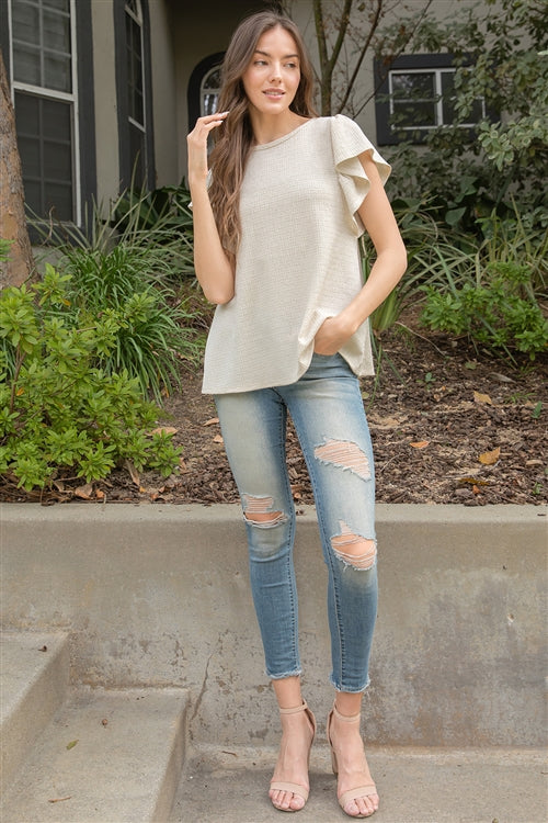 YMT20154V-BUTTERFLY SLEEVE TEXTURED SOLID TOP 1-2-2-1