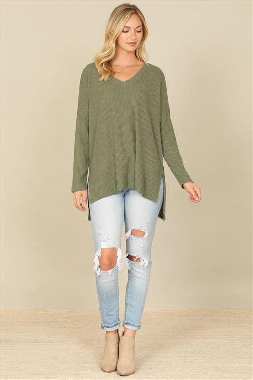 YMT20155V-BRUSHED  WAFFLE V-NECK LONG SLEEVE SIDE SLIT TOP 1-2-2-1