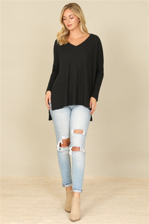 YMT20155V-BRUSHED  WAFFLE V-NECK LONG SLEEVE SIDE SLIT TOP 1-2-2-1