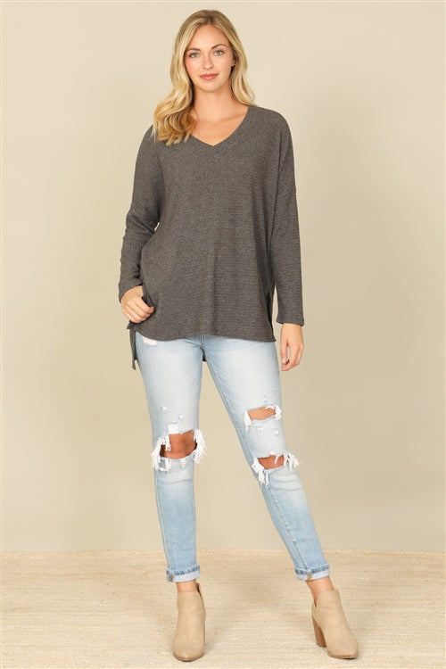 YMT20155V-BRUSHED  WAFFLE V-NECK LONG SLEEVE SIDE SLIT TOP 1-2-2-1