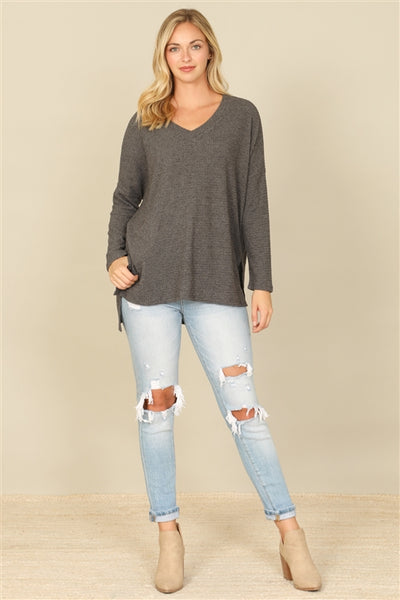 YMT20155V-BRUSHED  WAFFLE V-NECK LONG SLEEVE SIDE SLIT TOP 1-2-2-1