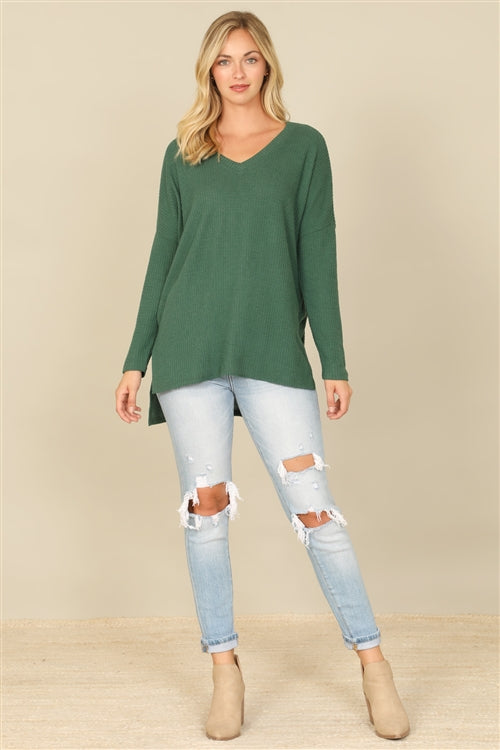 YMT20155V-BRUSHED  WAFFLE V-NECK LONG SLEEVE SIDE SLIT TOP 1-2-2-1