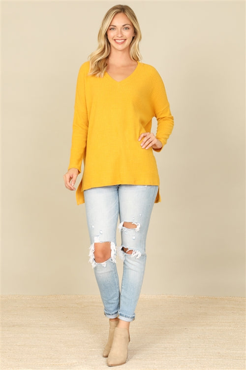 YMT20155V-BRUSHED  WAFFLE V-NECK LONG SLEEVE SIDE SLIT TOP 1-2-2-1