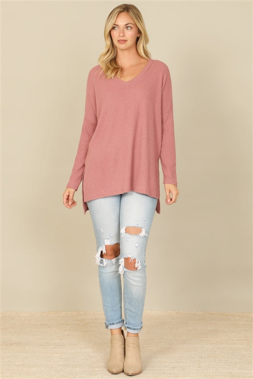 YMT20155V-BRUSHED  WAFFLE V-NECK LONG SLEEVE SIDE SLIT TOP 1-2-2-1