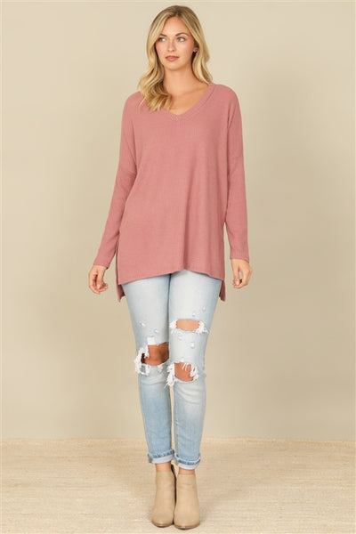 YMT20155V-BRUSHED  WAFFLE V-NECK LONG SLEEVE SIDE SLIT TOP 1-2-2-1