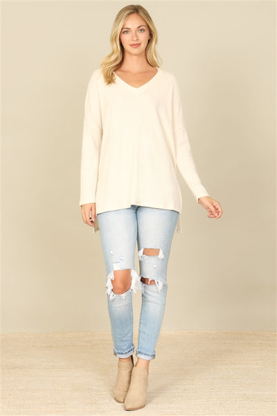 YMT20155V-BRUSHED  WAFFLE V-NECK LONG SLEEVE SIDE SLIT TOP 1-2-2-1