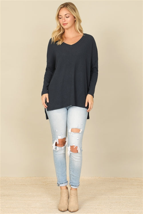 YMT20155V-BRUSHED  WAFFLE V-NECK LONG SLEEVE SIDE SLIT TOP 1-2-2-1