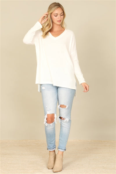 YMT20155V-BRUSHED  WAFFLE V-NECK LONG SLEEVE SIDE SLIT TOP 1-2-2-1