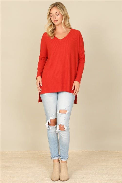 YMT20155V-BRUSHED  WAFFLE V-NECK LONG SLEEVE SIDE SLIT TOP 1-2-2-1