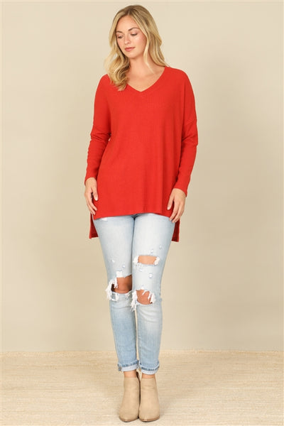 YMT20155V-BRUSHED  WAFFLE V-NECK LONG SLEEVE SIDE SLIT TOP 1-2-2-1