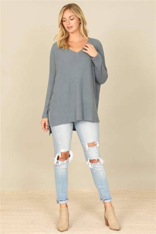 YMT20155V-BRUSHED  WAFFLE V-NECK LONG SLEEVE SIDE SLIT TOP 1-2-2-1