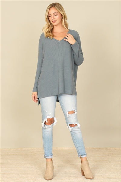 YMT20155V-BRUSHED  WAFFLE V-NECK LONG SLEEVE SIDE SLIT TOP 1-2-2-1