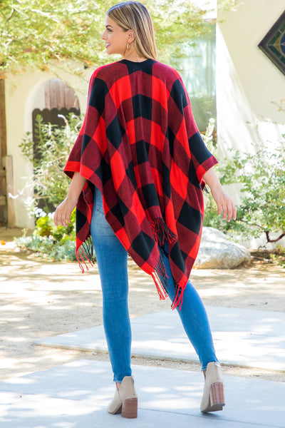 PLAID OPEN FRONT FRINGE KIMONO