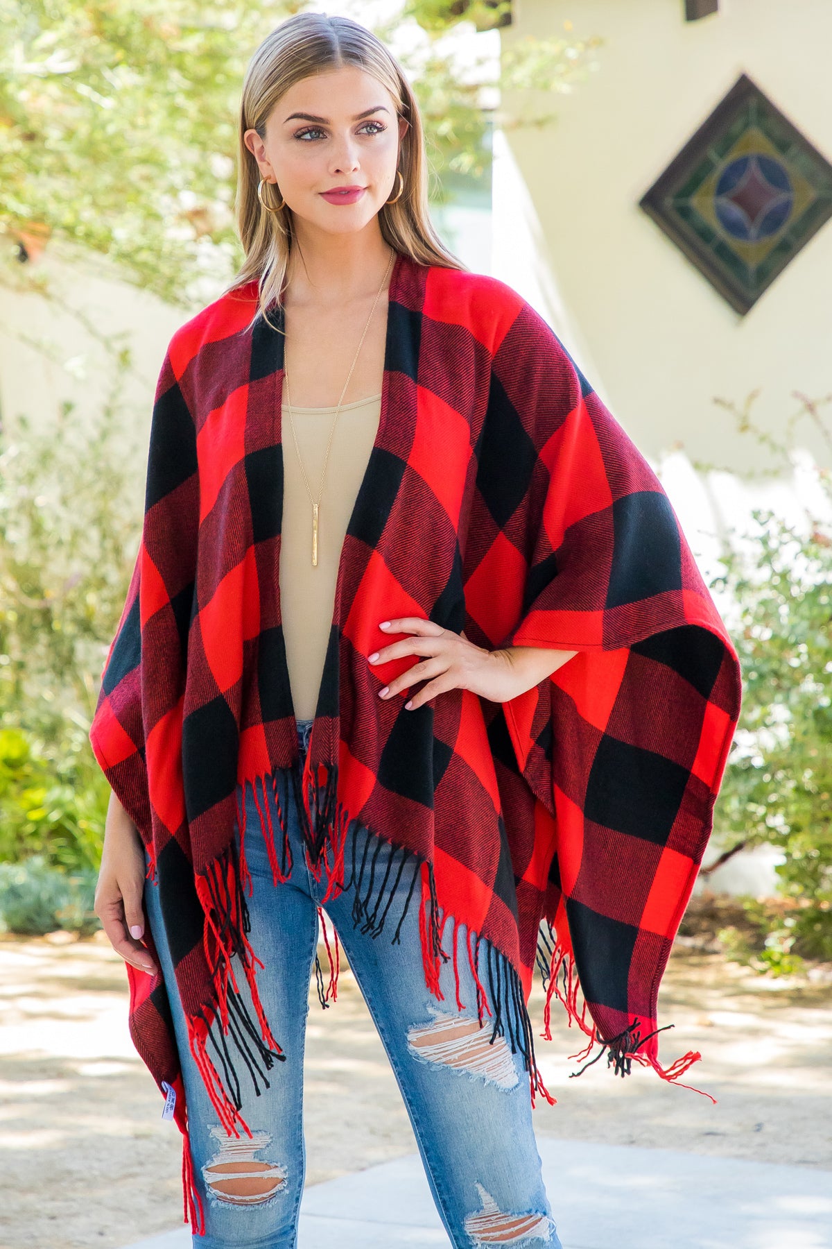 PLAID OPEN FRONT FRINGE KIMONO