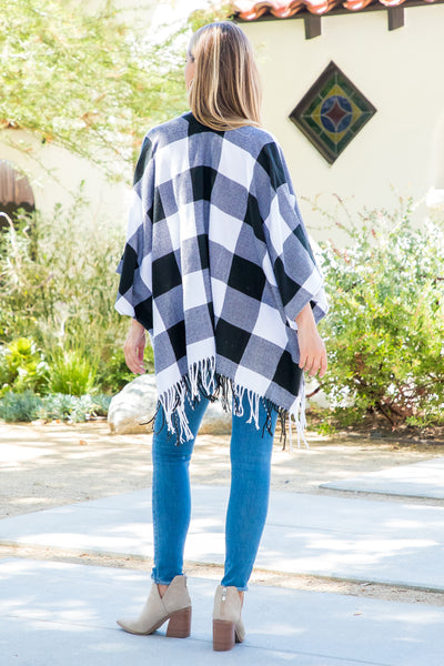 PLAID OPEN FRONT FRINGE KIMONO