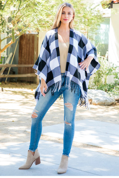 PLAID OPEN FRONT FRINGE KIMONO