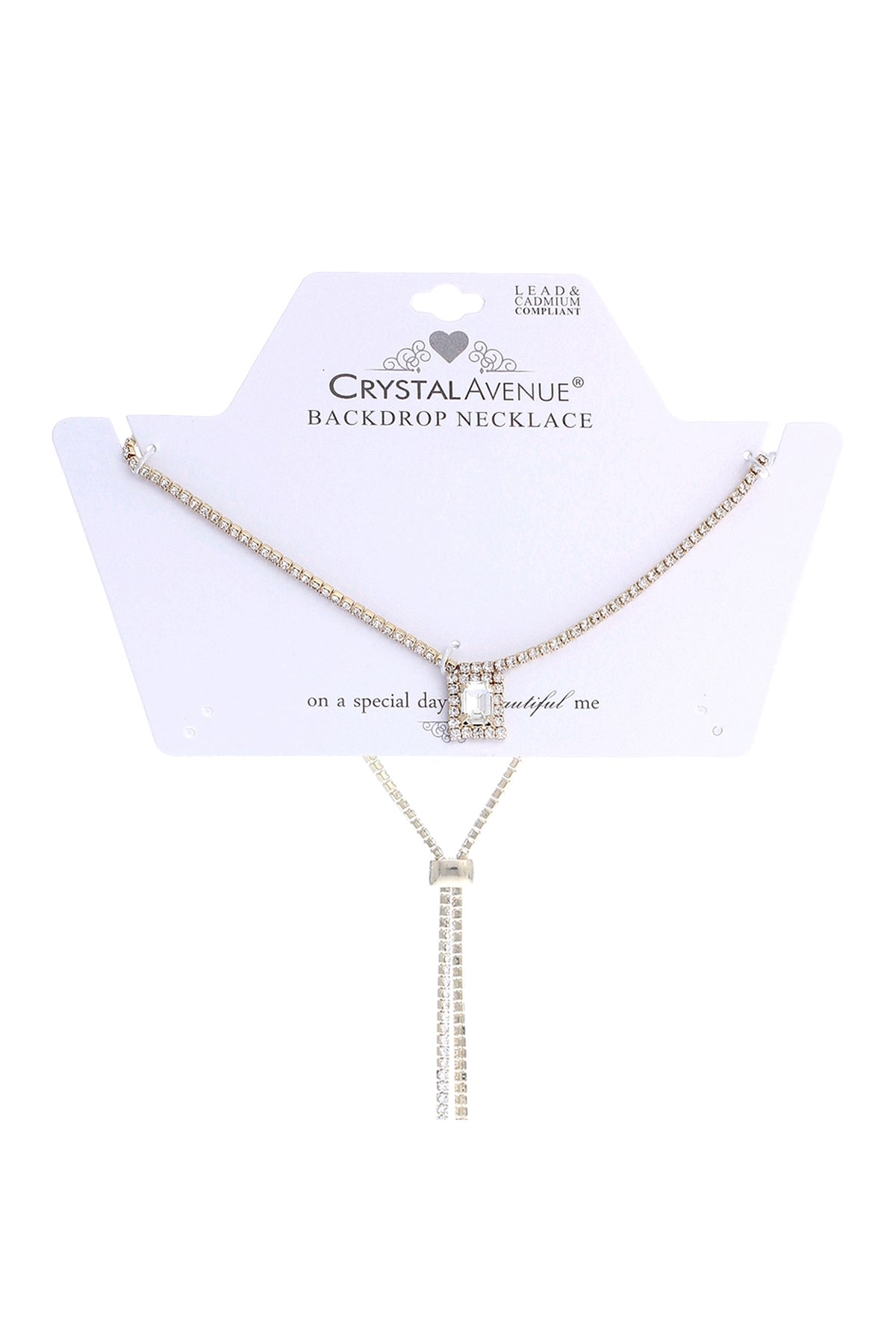 RHINESTONE LARIAT W/ RECTANGLE BACKDROP NECKLACE