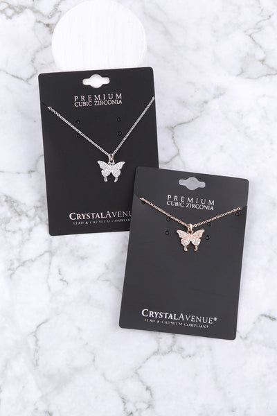 CUBIC ZIRCONIA BUTTERFLY W/ TAIL PENDANT NECKLACE