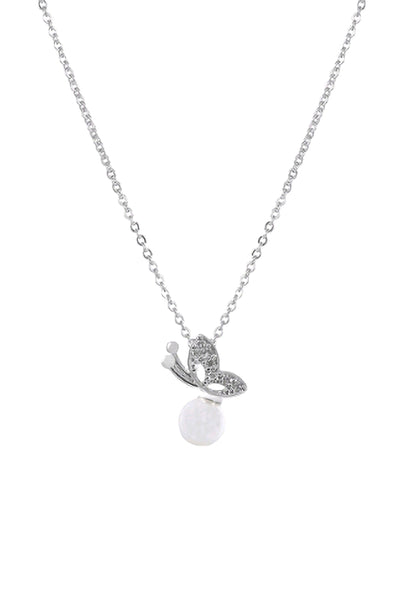 CUBIC ZIRCONIA SIDE BUTTERFLY W/ PEARL NECKLACE (NOW $2.00 ONLY!)