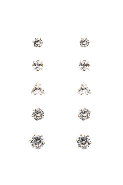 CUBIC ZIRCONIA ASSORTED SHAPE 5 PAIRS EARRINGS