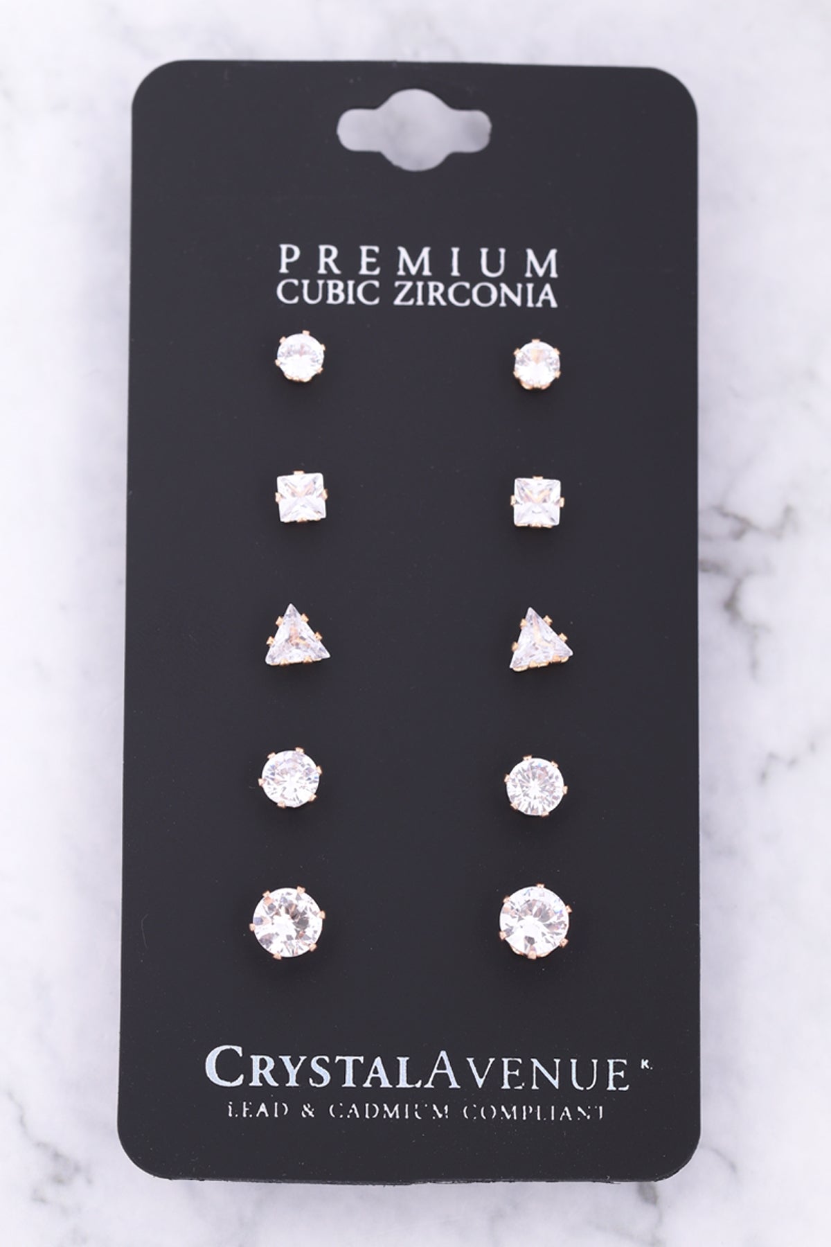 CUBIC ZIRCONIA ASSORTED SHAPE 5 PAIRS EARRINGS