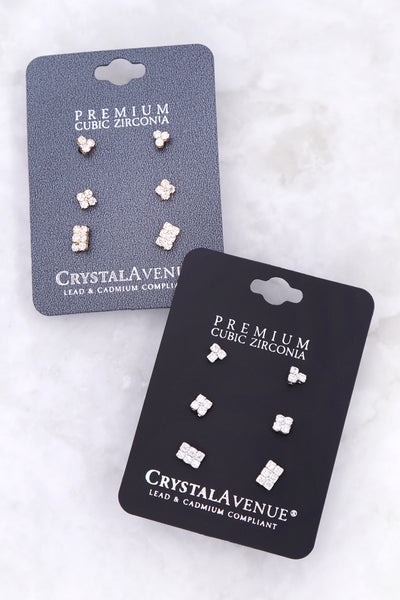 CUBIC ZIRCONIA 3 PAIRS SQUARE SET EARRINGS/6PCS (NOW $ 1.75 ONLY!)