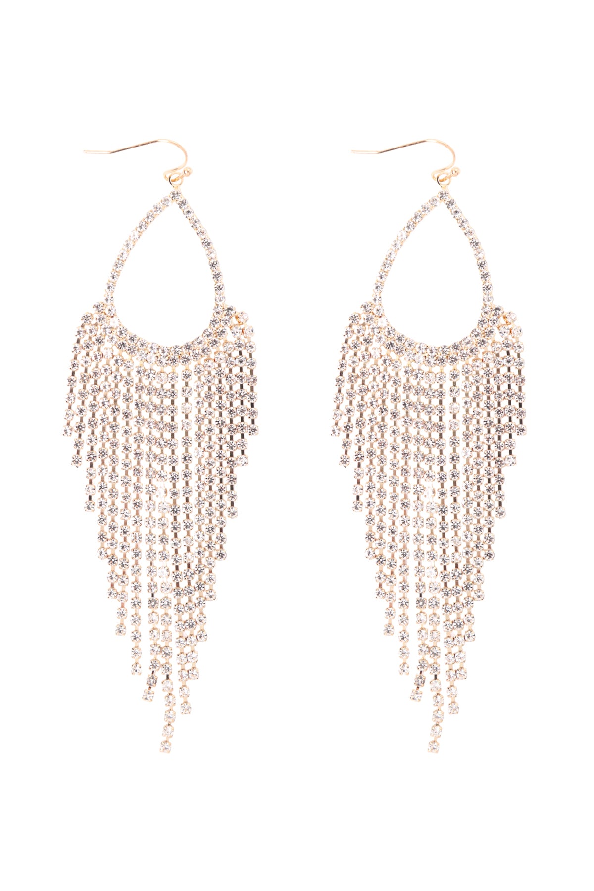 RHINESTONE TEARDROP FRINGE FISH HOOK EARRINGS