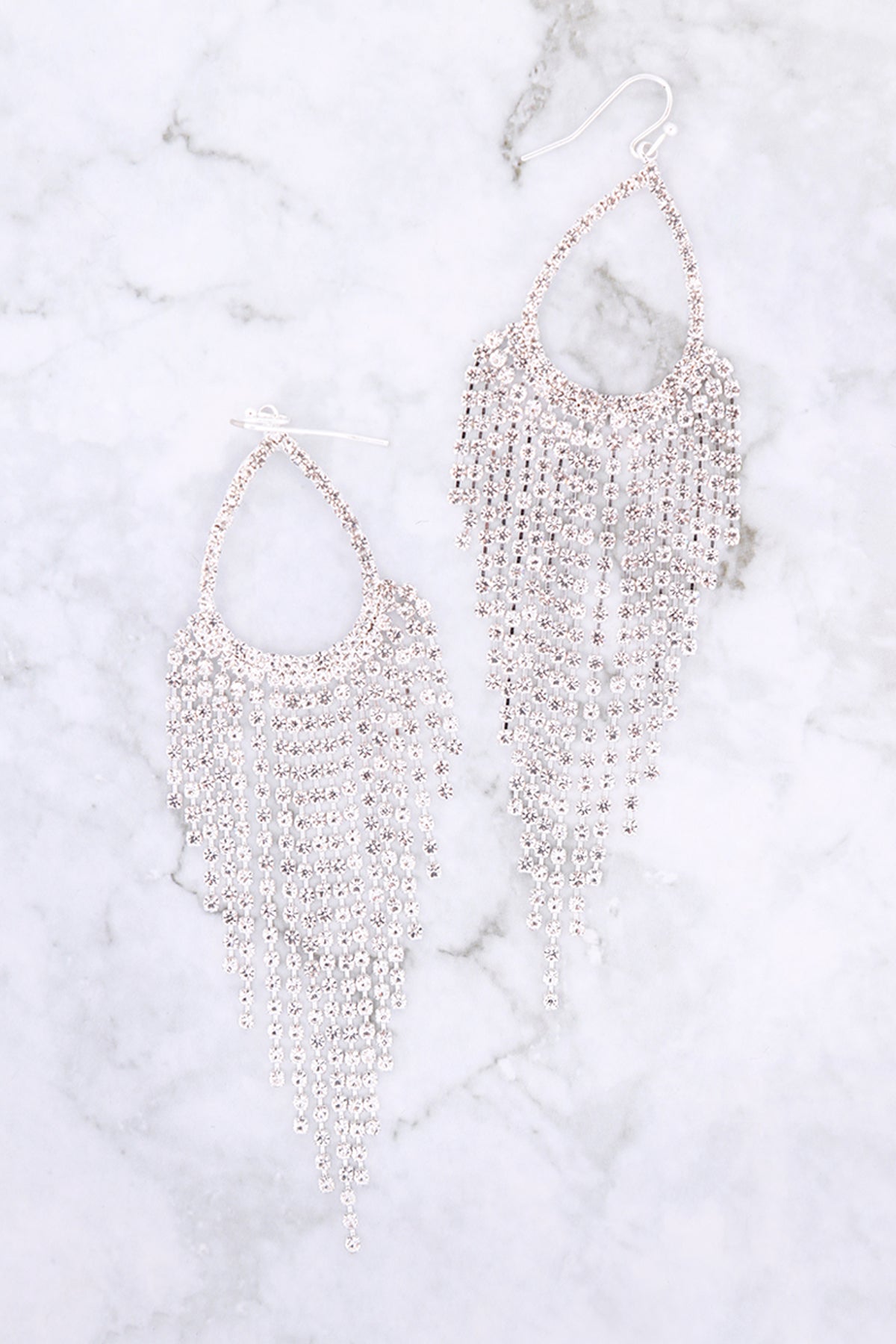 RHINESTONE TEARDROP FRINGE FISH HOOK EARRINGS