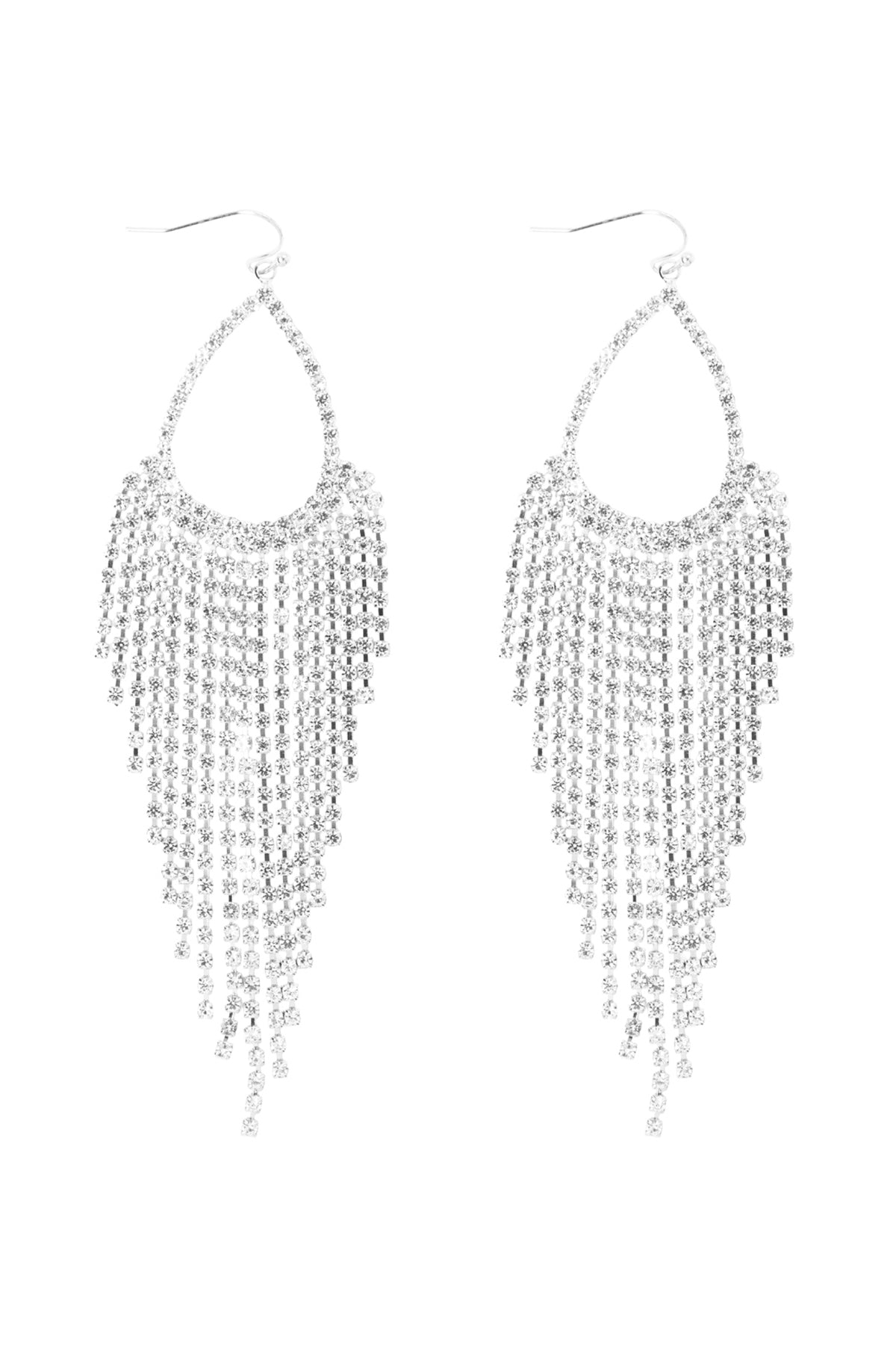 RHINESTONE TEARDROP FRINGE FISH HOOK EARRINGS