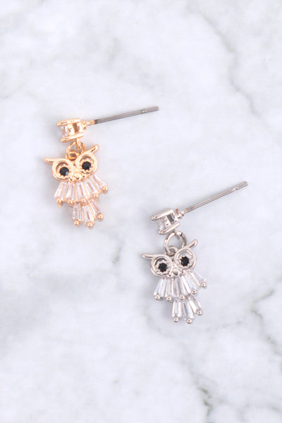 CUBIC ZIRCONIA OWL BAGUETTE STUD EARRING