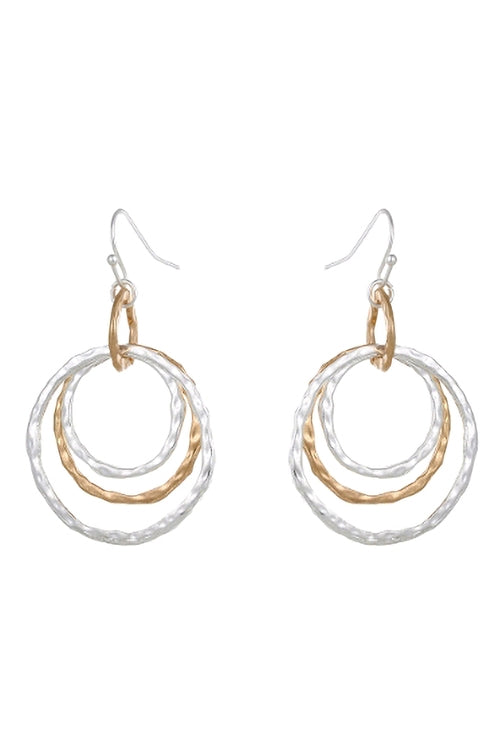 HAMMERED THREE LAYERED CIRCLE DROP EARRINGS
