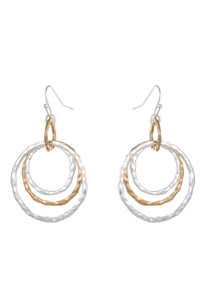 HAMMERED THREE LAYERED CIRCLE DROP EARRINGS